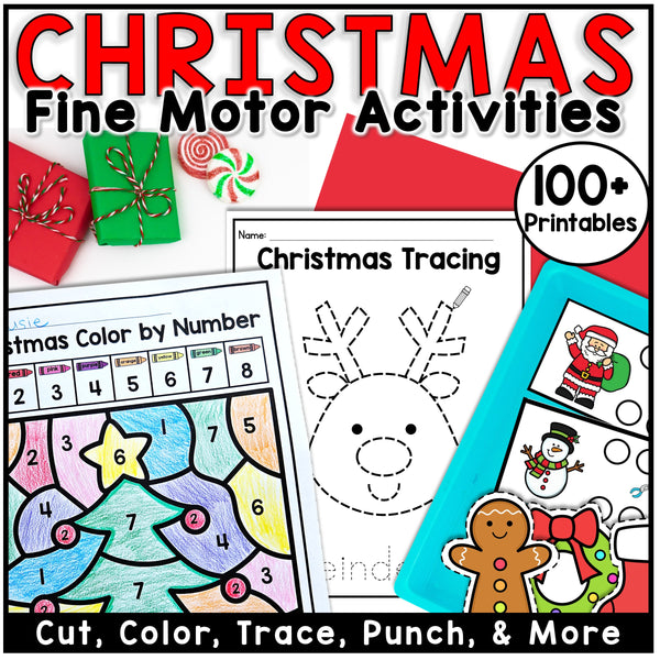 Christmas-themed educational printables with activities like tracing, coloring, and cutting.