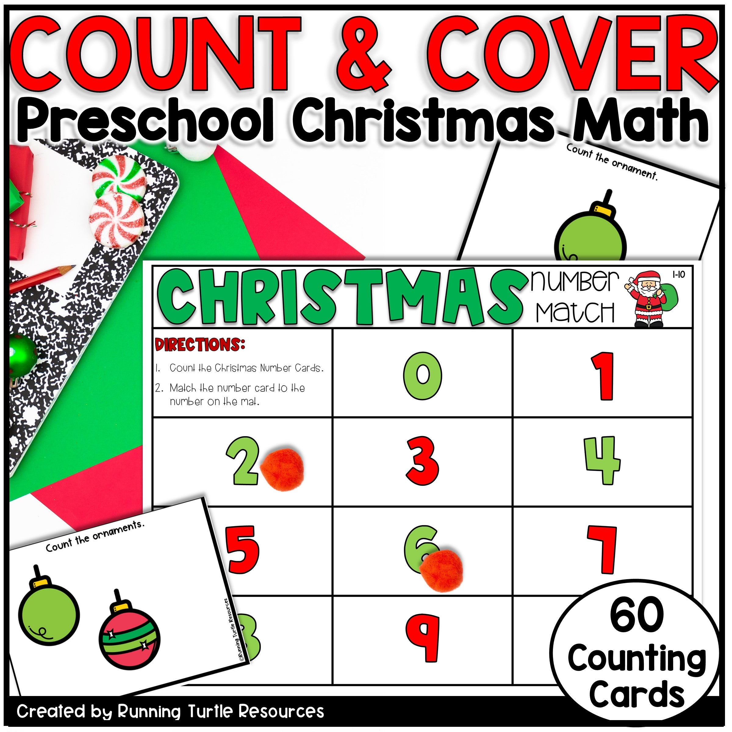 Preschool Christmas math activity with numbers and ornaments