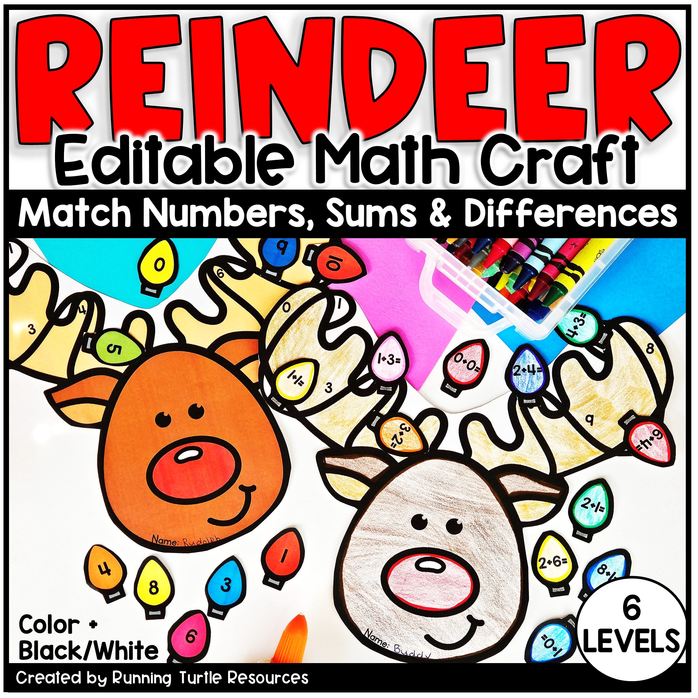 Promotional image for a Reindeer Math Craft, featuring illustrations of reindeer with colorful antlers and lights, and text detailing the product features.