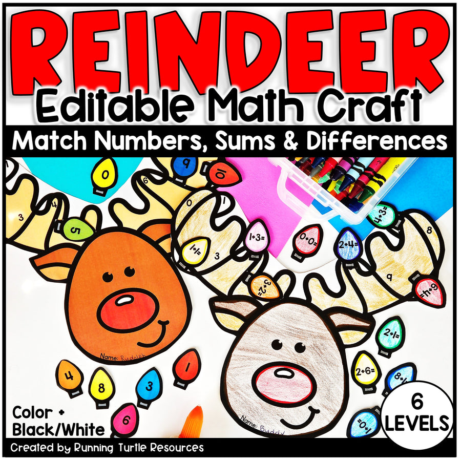 Promotional image for a Reindeer Math Craft, featuring illustrations of reindeer with colorful antlers and lights, and text detailing the product features.
