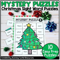Promotional Image of a sight word puzzle with Frys Sight Word List and a picture of a Christmas Tree.