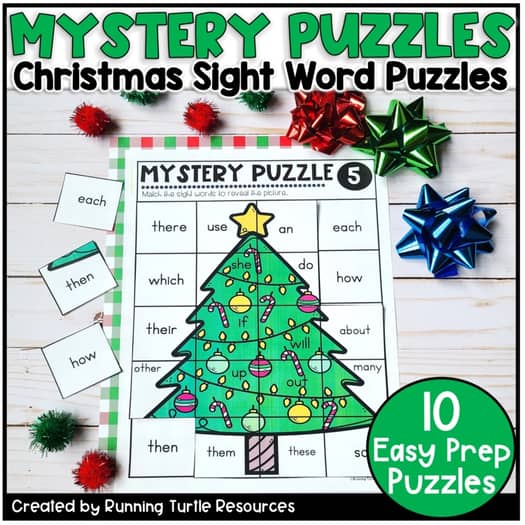 Promotional Image of a sight word puzzle with Frys Sight Word List and a picture of a Christmas Tree.