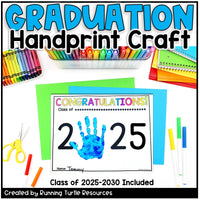 Graduation handprint craft kit with markers, scissors, and paper on a white background