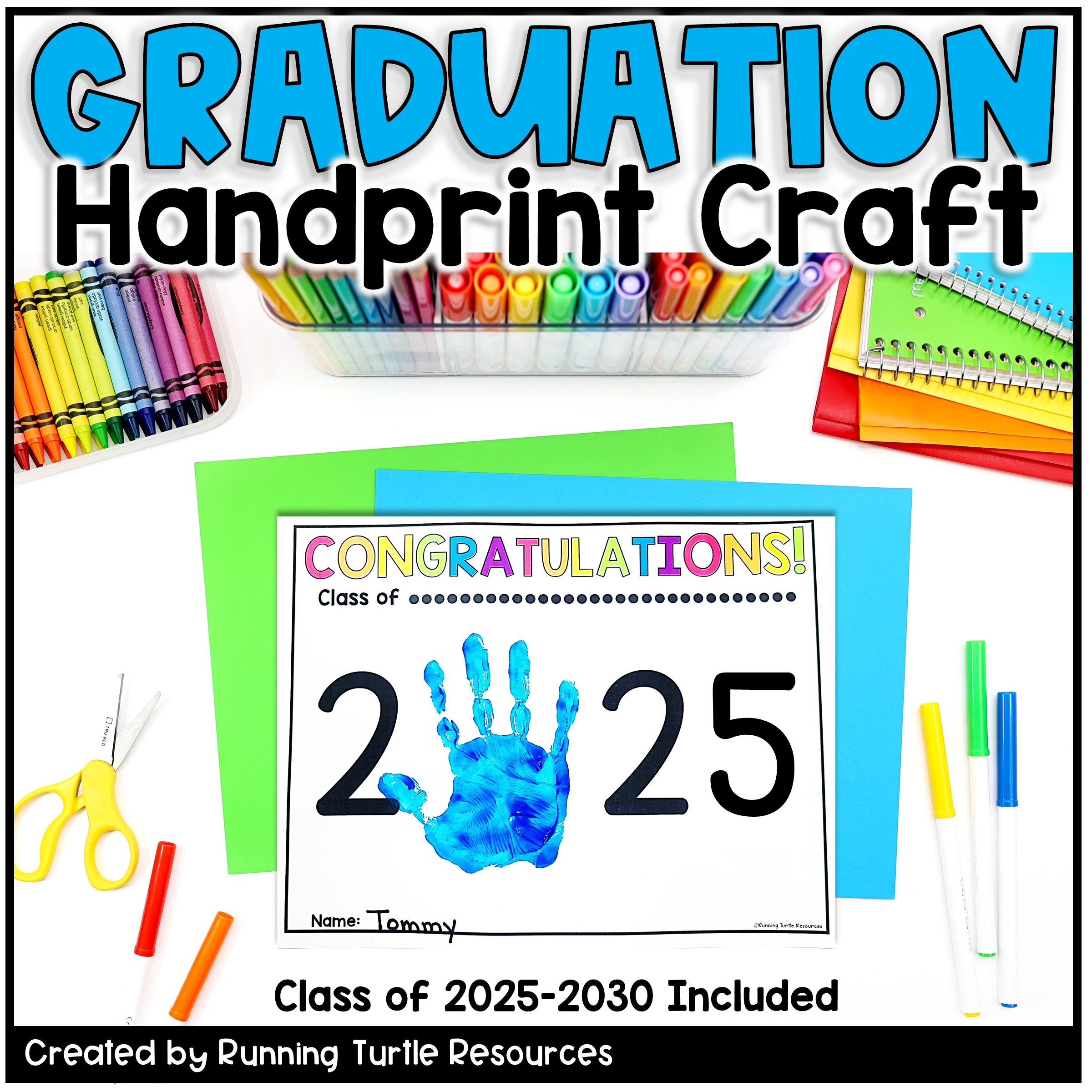 Graduation handprint craft kit with markers, scissors, and paper on a white background