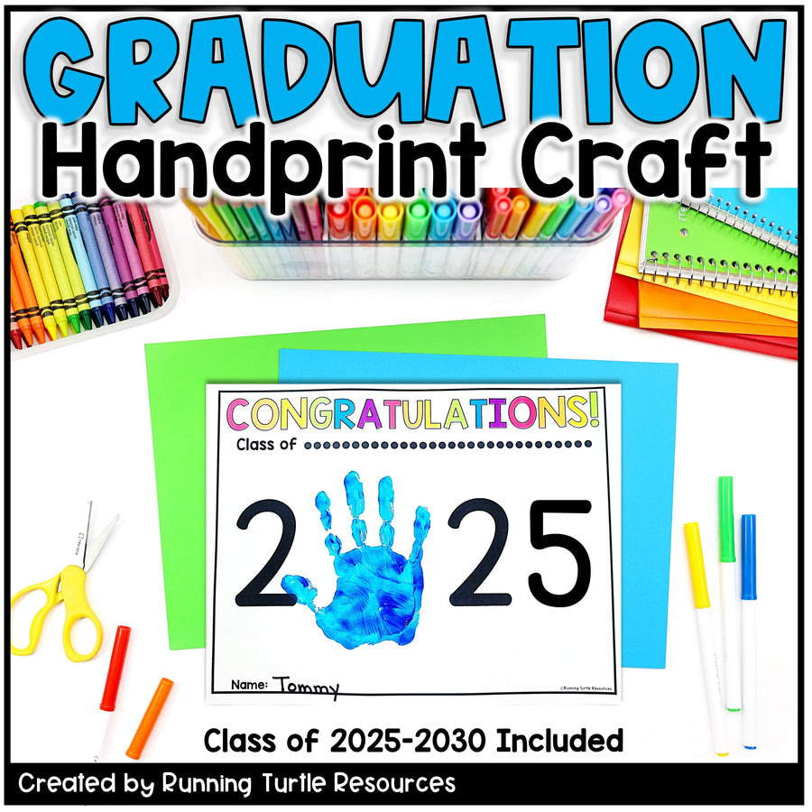 Graduation handprint craft kit with markers, scissors, and paper on a white background