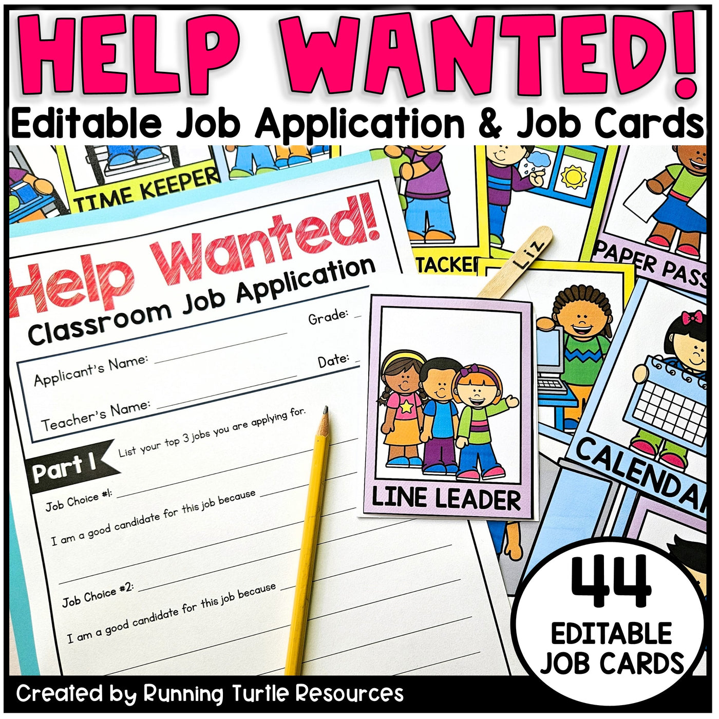 Photograph of Classroom Job Application and Job Cards for Elementary Classrooms, including Line Leader, Calendar and 42 other editable job cards