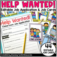 Photograph of Classroom Job Application and Job Cards for Elementary Classrooms, including Line Leader, Calendar and 42 other editable job cards