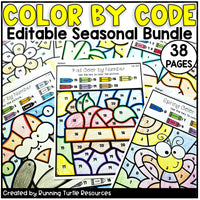 Color by Code educational resource bundle with seasonal designs and editable text.