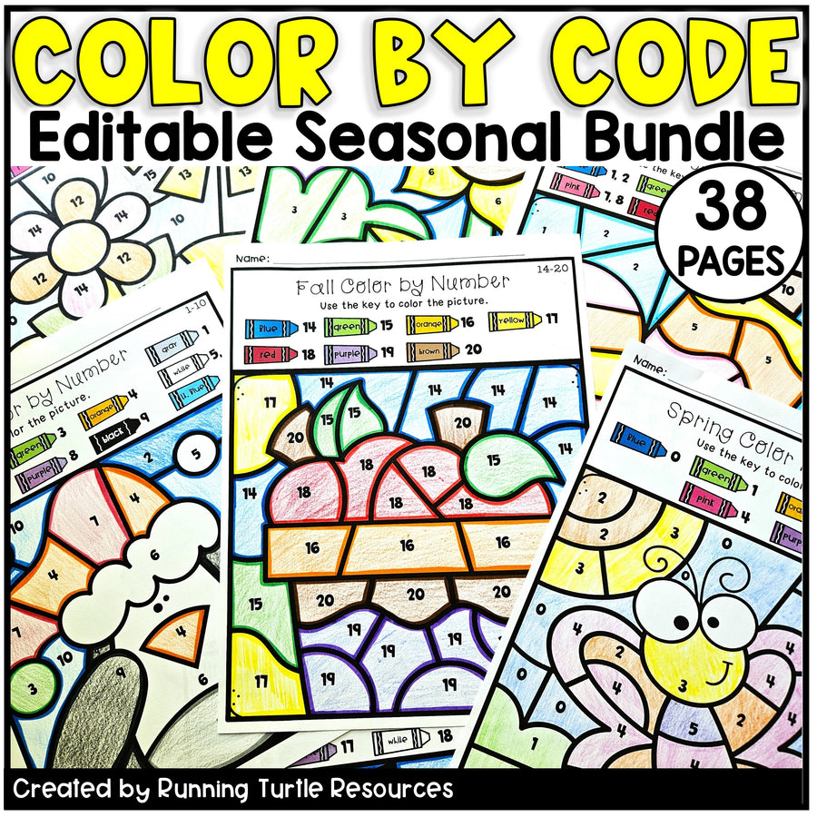 Color by Code educational resource bundle with seasonal designs and editable text.