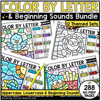 Color by letter and beginning sounds educational bundle with colorful graphics and text.