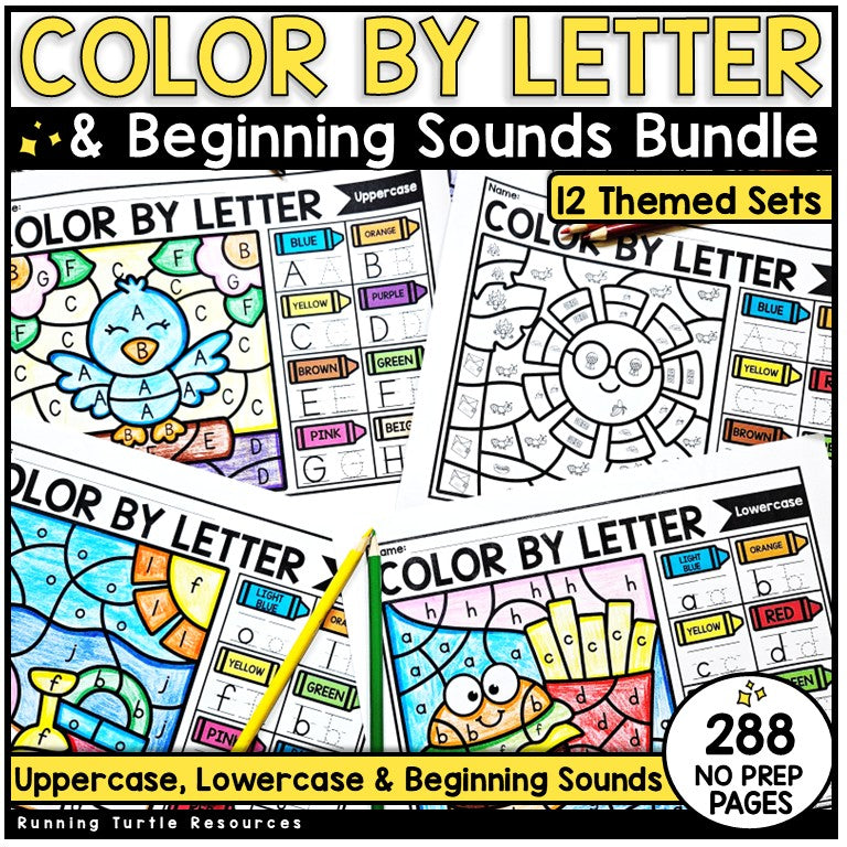 Color by letter and beginning sounds educational bundle with colorful graphics and text.