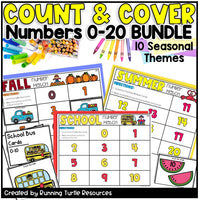 Educational materials for counting and covering numbers 0-20 with seasonal themes, including fall, summer, and school-themed activities.