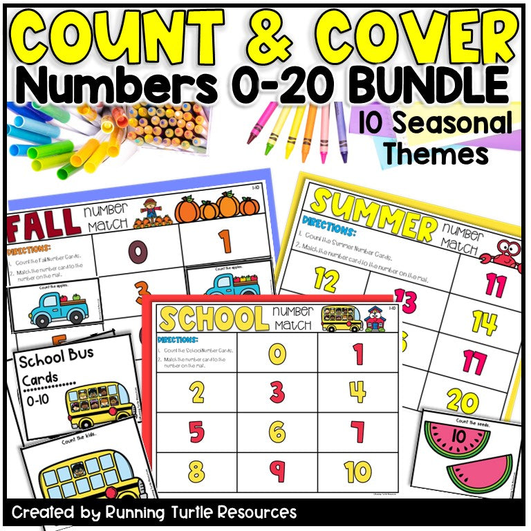 Educational materials for counting and covering numbers 0-20 with seasonal themes, including fall, summer, and school-themed activities.