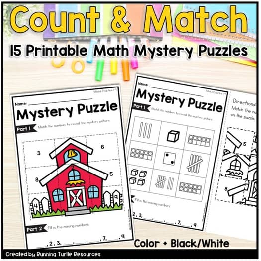 Promotional Image showing a cut and paste puzzle where students match numbers to quantities like cubes, dice and ten frame values