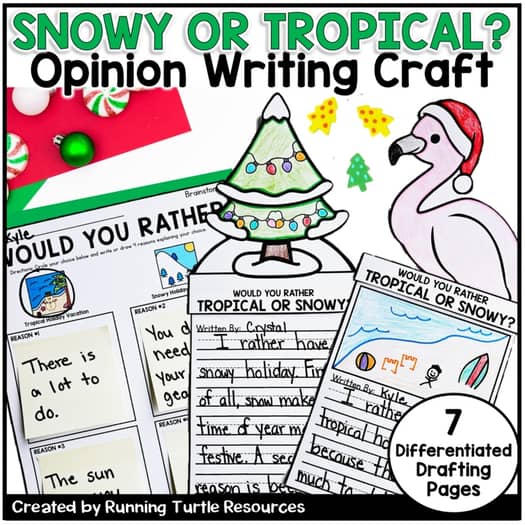 Promotional image for an Opinion Writing Craft activity, featuring a 'Would you rather' writing prompt, with a Christmas tree and holiday-themed decorations in the background. Text provides an overview of the product's features, such as '7 Drafting Pages' and '10 Craft Toppers'.