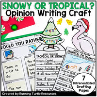 Promotional image for an Opinion Writing Craft activity, featuring a 'Would you rather' writing prompt, with a Christmas tree and holiday-themed decorations in the background. Text provides an overview of the product's features, such as '7 Drafting Pages' and '10 Craft Toppers'.