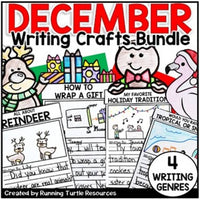 Promotional image for a December Writing Crafts Bundle featuring cartoon reindeer, a Christmas tree, and other holiday-themed elements, alongside text describing the product's content.