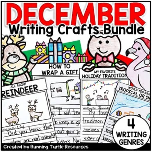 Promotional image for a December Writing Crafts Bundle featuring cartoon reindeer, a Christmas tree, and other holiday-themed elements, alongside text describing the product's content.
