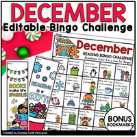 Picture of a December Reading Bingo Challenge and Bonus Bookmarks with words and pictures for Kindergarten and 1st grade students