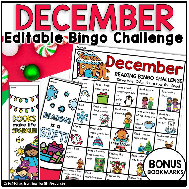 Picture of a December Reading Bingo Challenge and Bonus Bookmarks with words and pictures for Kindergarten and 1st grade students
