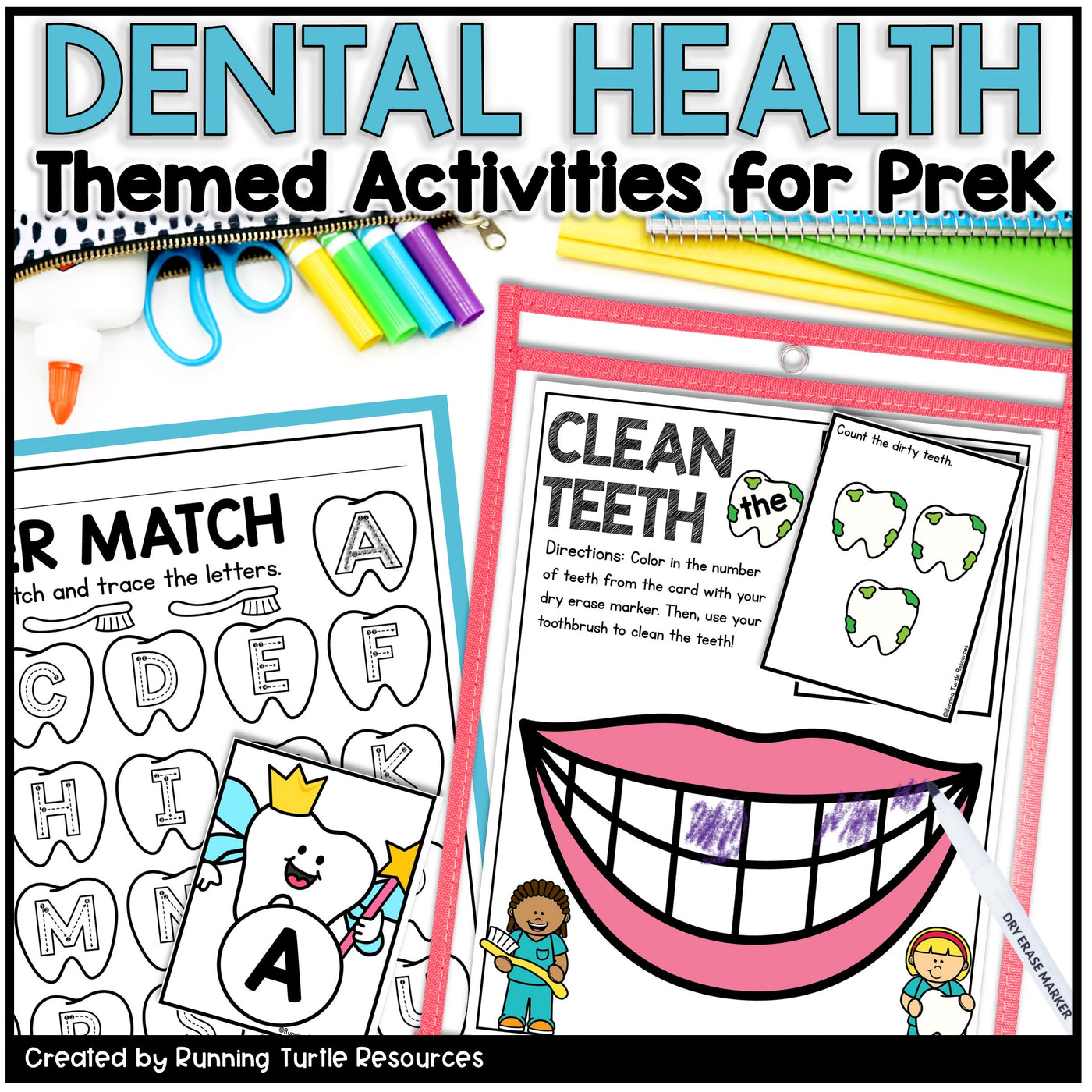 Educational materials for dental health themed activities for preschoolers, including coloring pages and letter matching game.