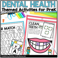 Educational materials for dental health themed activities for preschoolers, including coloring pages and letter matching game.