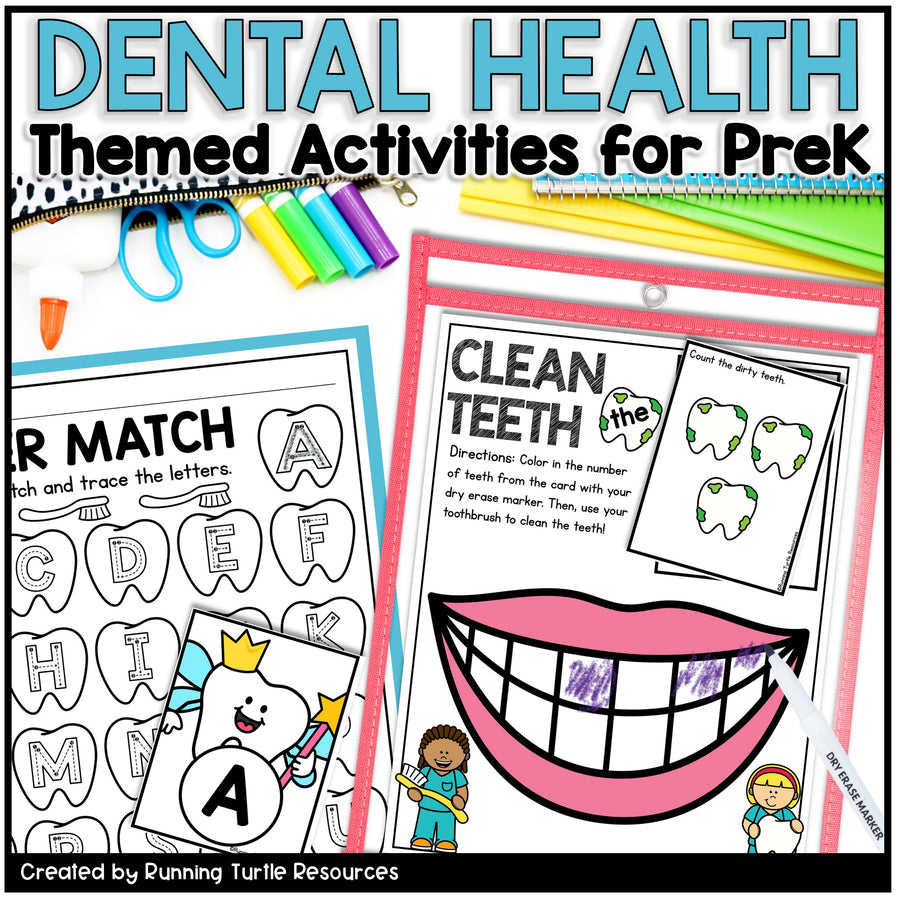 Educational materials for dental health themed activities for preschoolers, including coloring pages and letter matching game.
