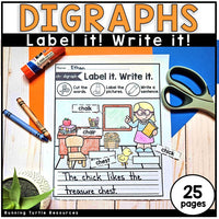 Educational worksheet for digraphs with coloring, cutting, and writing activities on a wooden surface.