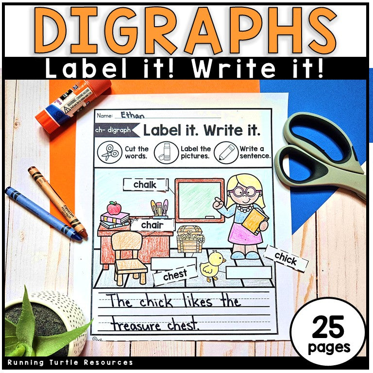 Educational worksheet for digraphs with coloring, cutting, and writing activities on a wooden surface.