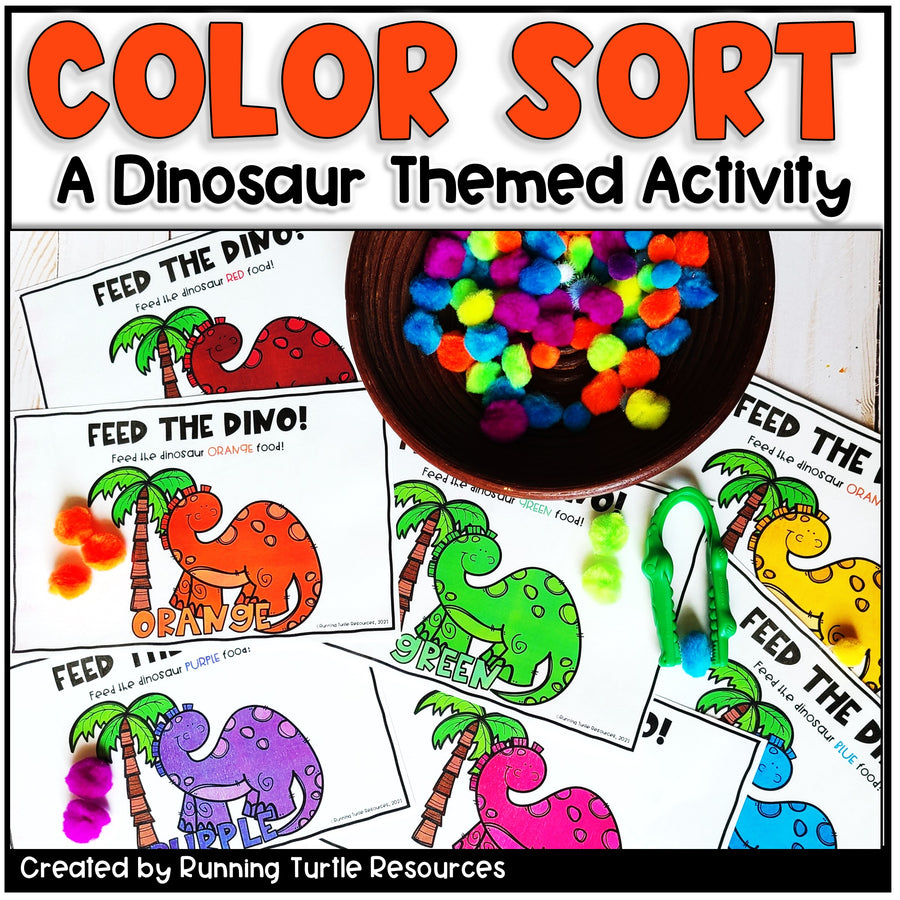 Dinosaur-themed color sorting activity with pom-poms and cards.