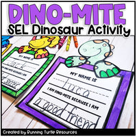 Dinosaur-themed name activity sheets with colorful dinosaurs and text on a white background.