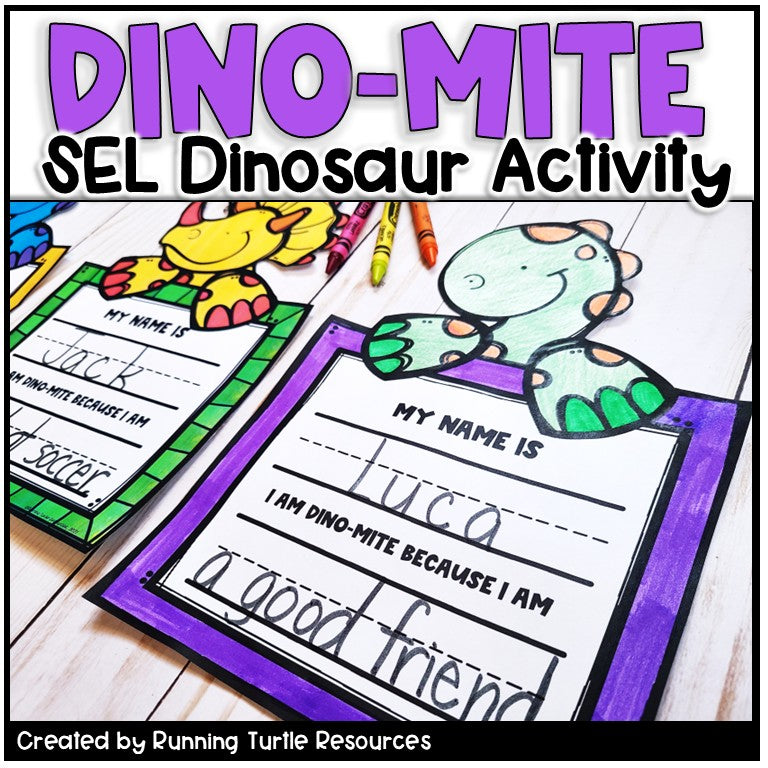 Dinosaur-themed name activity sheets with colorful dinosaurs and text on a white background.