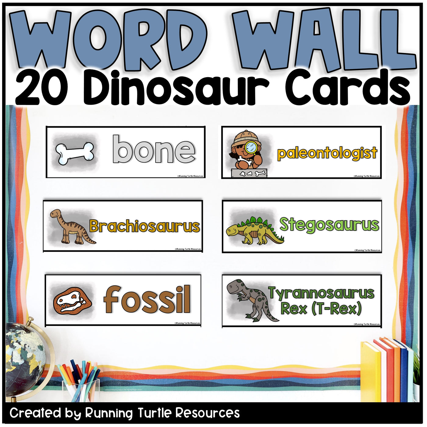 Dinosaur-themed word wall cards with illustrations and text, created by Running Turtle Resources.