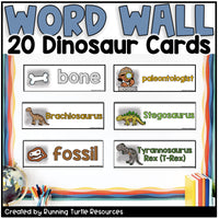 Dinosaur-themed word wall cards with illustrations and text, created by Running Turtle Resources.