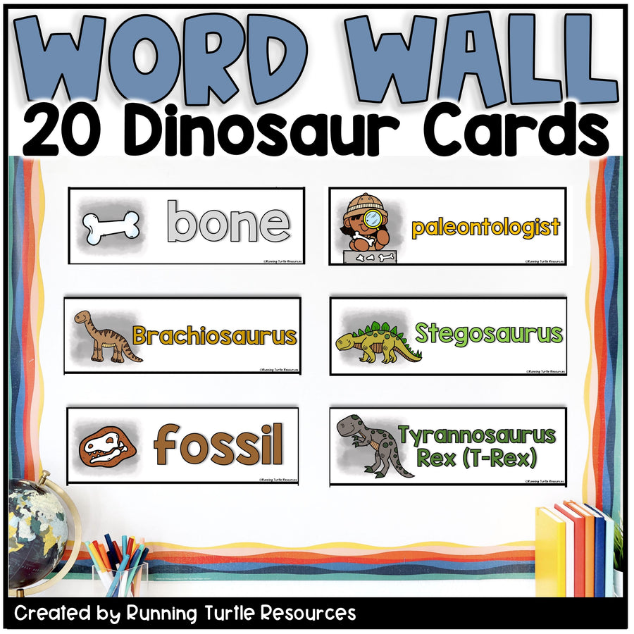 Dinosaur-themed word wall cards with illustrations and text, created by Running Turtle Resources.