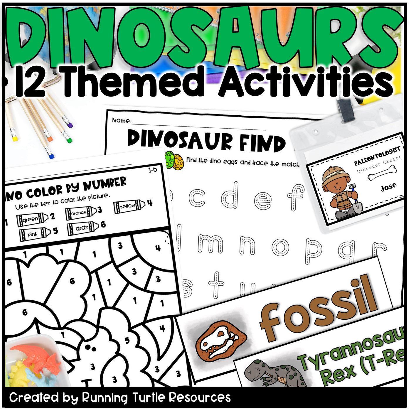 Educational materials with dinosaur theme activities and coloring pages.
