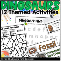 Educational materials with dinosaur theme activities and coloring pages.