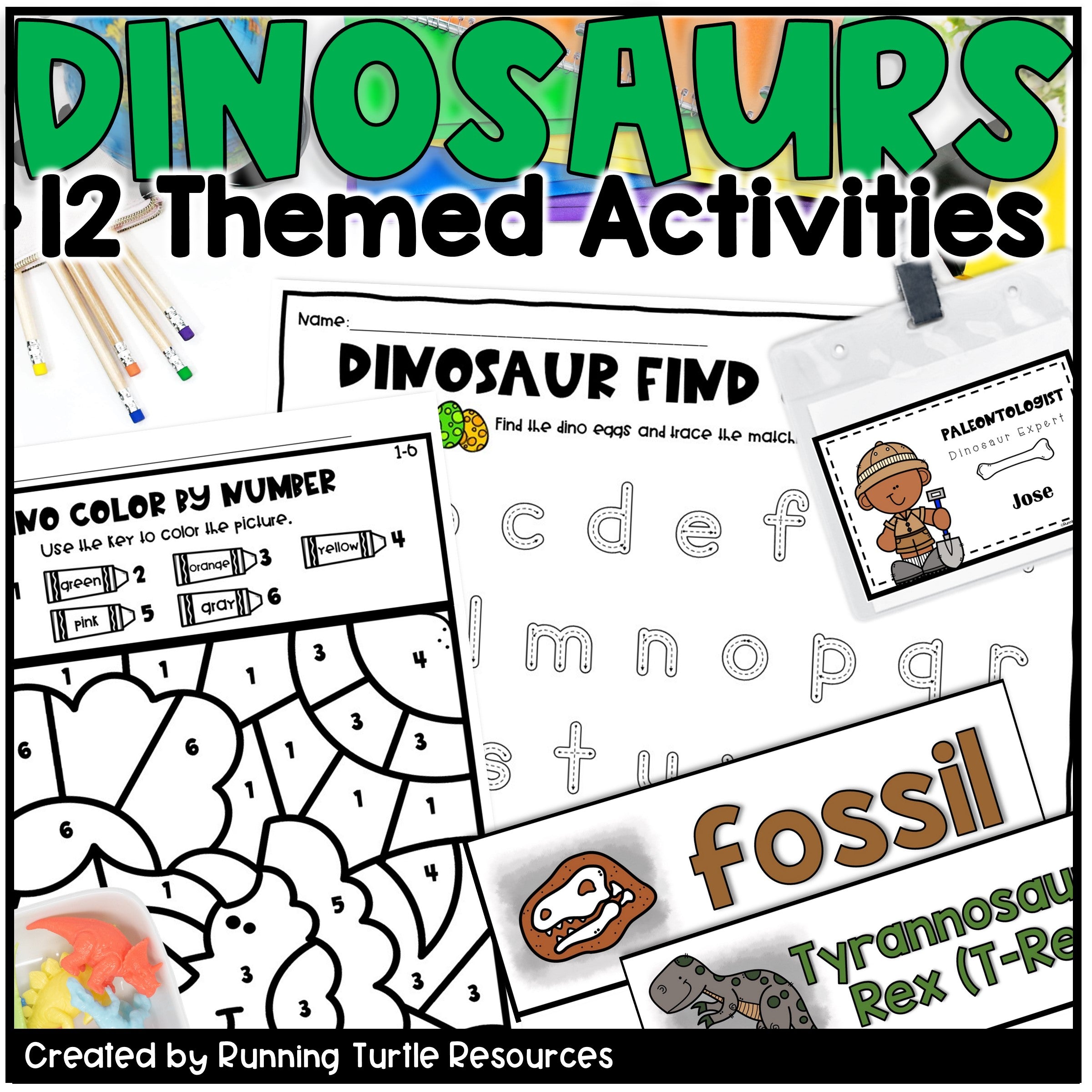 Educational materials with dinosaur theme activities and coloring pages.