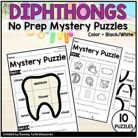 Image of diphthong puzzle for students to cut and paste words to their images.