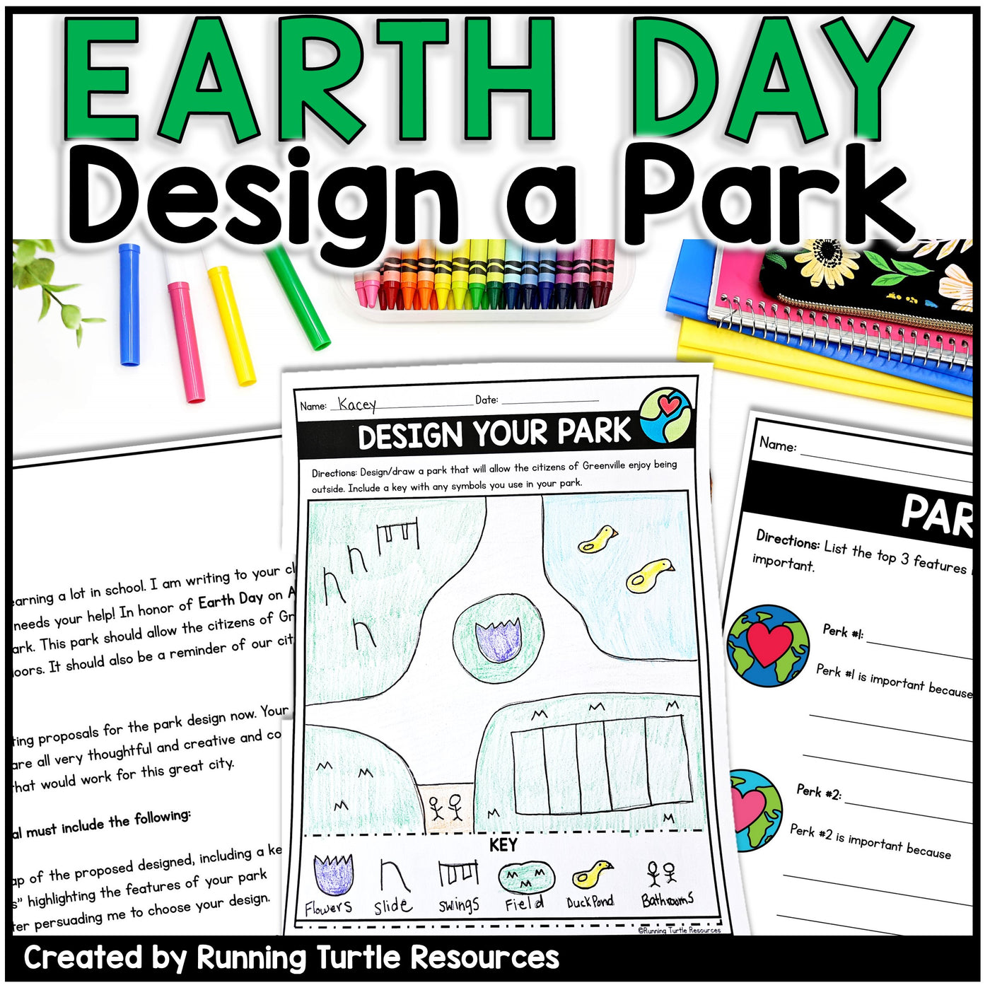 Earth Day design a park activity with crayons and coloring sheets.