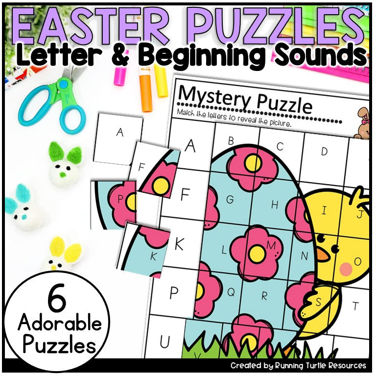 Easter-themed letter and beginning sounds puzzles with colorful graphics and text.