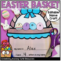 Easter basket craft with name editing area, scissors, and Easter-themed elements on a purple background.