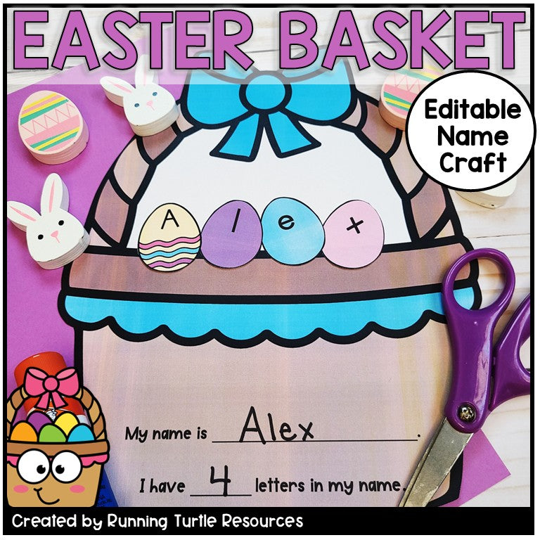 Easter basket craft with name editing area, scissors, and Easter-themed elements on a purple background.