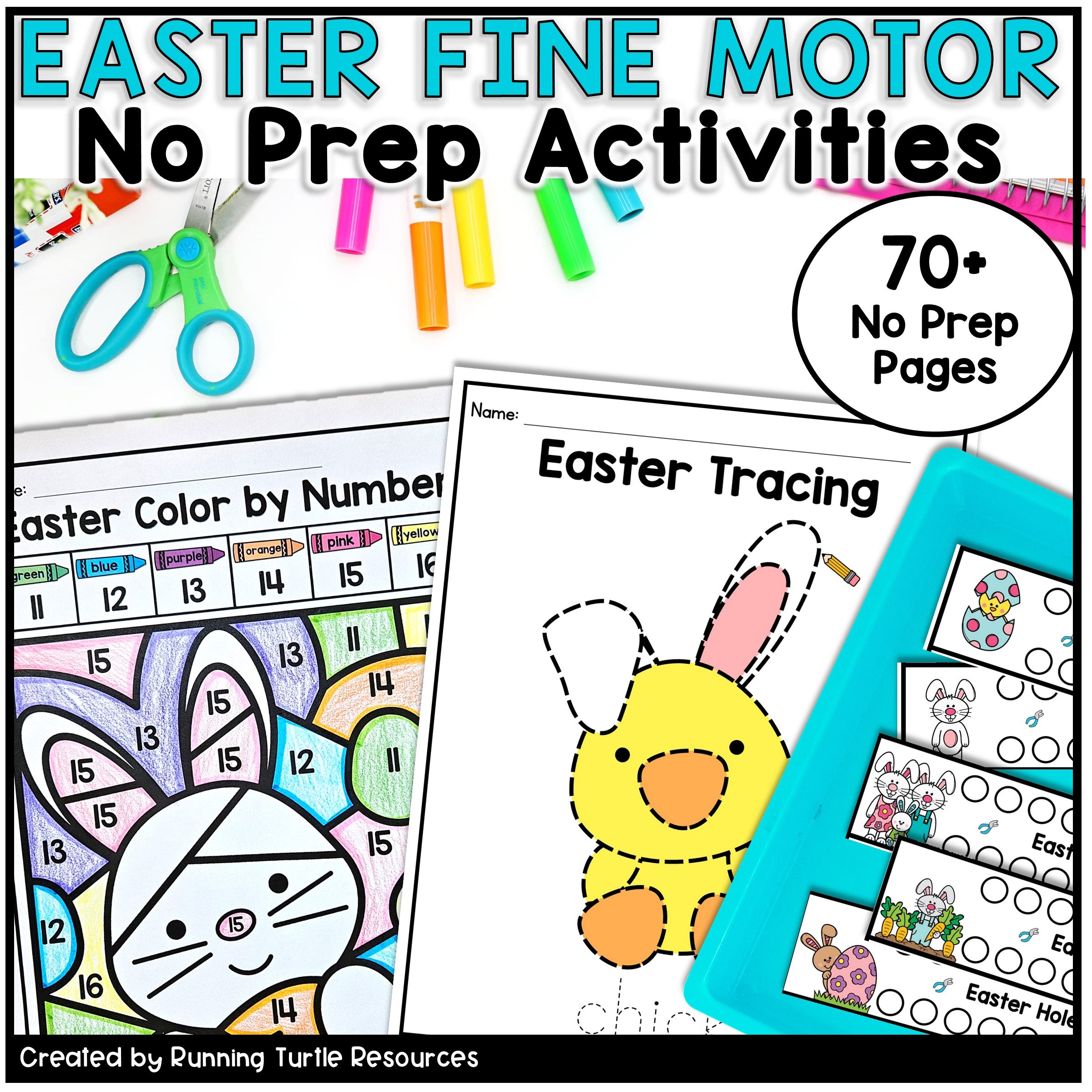 Easter-themed fine motor skill activities with coloring, tracing, and number recognition for children.