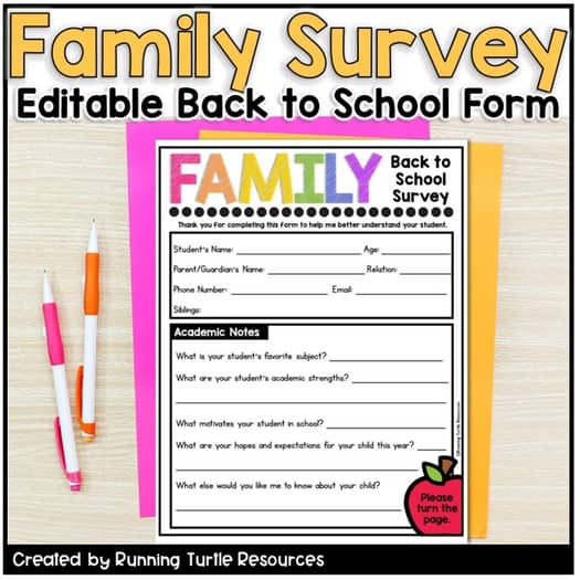 Promotional image for 'Family Survey' back to school form, displaying the cover page with family information and a list of questions, alongside a pencil and highlighter.