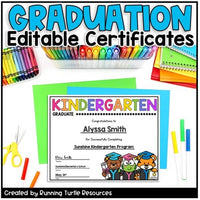 A set of editable graduation certificates for preschool to fifth grade, with colorful graphics and a spot for customizable student information.
