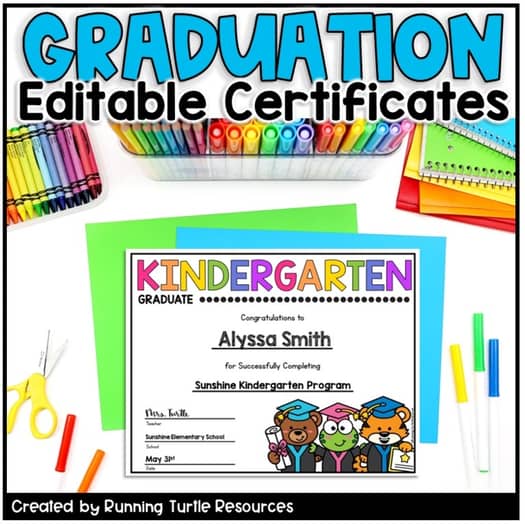 A set of editable graduation certificates for preschool to fifth grade, with colorful graphics and a spot for customizable student information.
