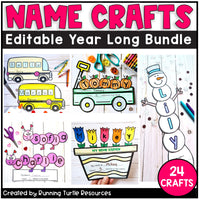 A collection of colorful name crafts including a yellow school bus and color flower crafts. Over 24 crafts in all.