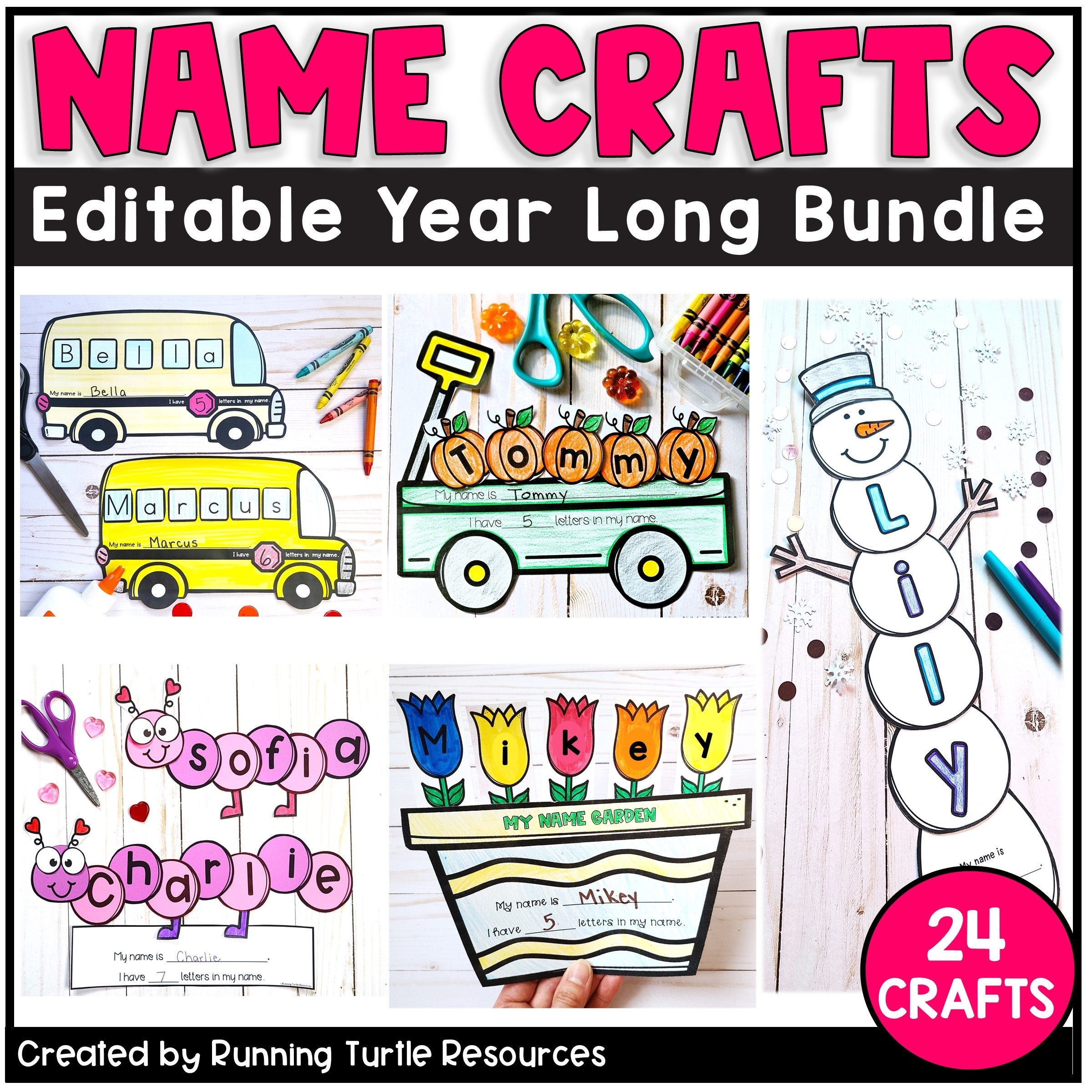A collection of colorful name crafts including a yellow school bus and color flower crafts. Over 24 crafts in all.