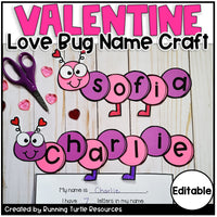 Valentine love bug name craft with scissors and heart decorations on a wooden background